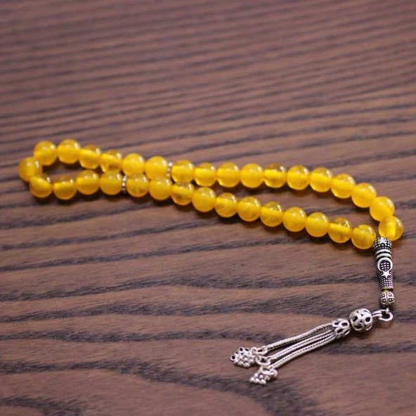 925 Ayar Gümüş Ay Yıldız Motifli Sarı Renk Kehribar Tesbih - Resim 7