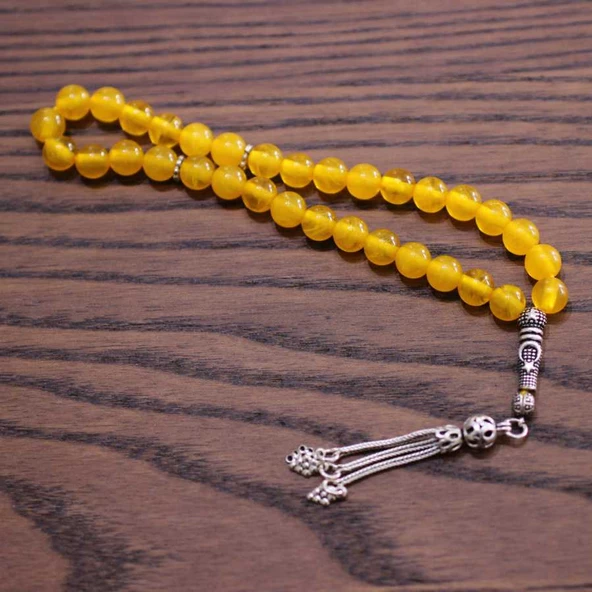 925 Ayar Gümüş Ay Yıldız Motifli Sarı Renk Kehribar Tesbih - Resim 6