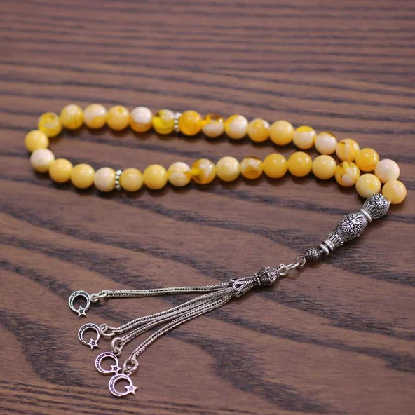 925 Ayar Gümüş Sarı Rengi Sıkma Kehribar Tesbih, Ay yıldız Püskül - Resim 6