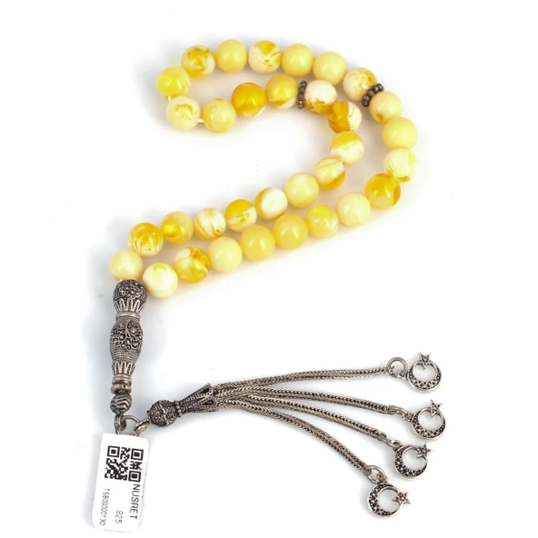 925 Ayar Gümüş Sarı Rengi Sıkma Kehribar Tesbih, Ay yıldız Püskül ürün görseli