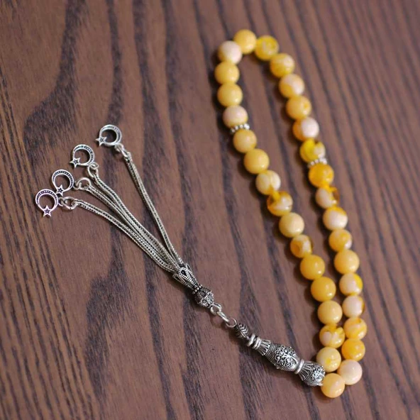 925 Ayar Gümüş Sarı Rengi Sıkma Kehribar Tesbih, Ay yıldız Püskül - Resim 4