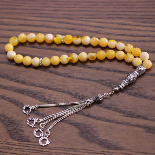 925 Ayar Gümüş Sarı Rengi Sıkma Kehribar Tesbih, Ay yıldız Püskül - Resim 5