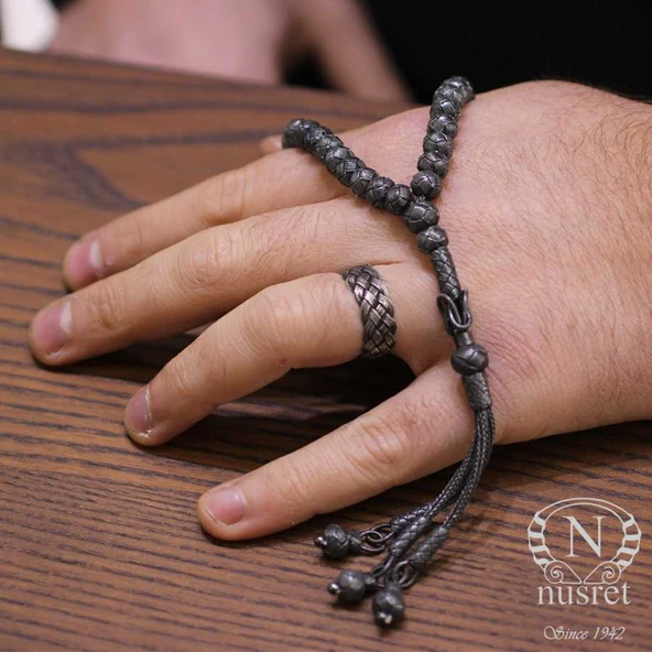 999 Ayar Gümüş Siyah  Renk Kazaz Tesbih - Resim 6