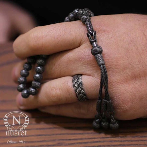 999 Ayar Gümüş Siyah  Renk Kazaz Tesbih - Resim 5