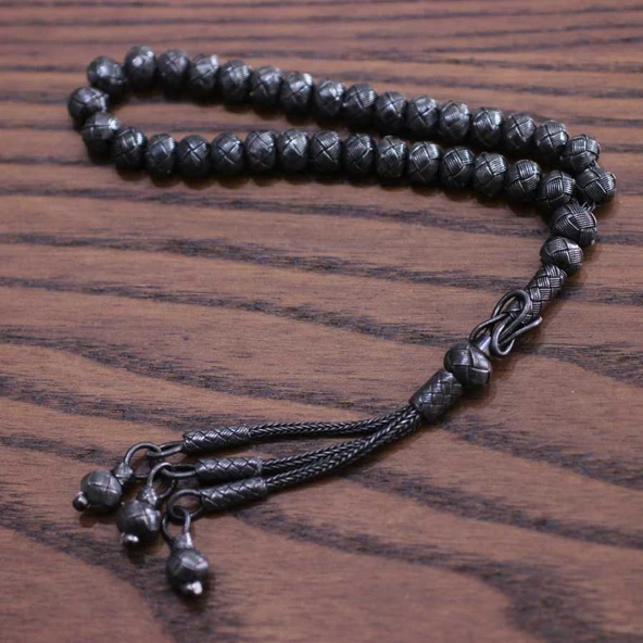 999 Ayar Gümüş Siyah  Renk Kazaz Tesbih - Resim 2