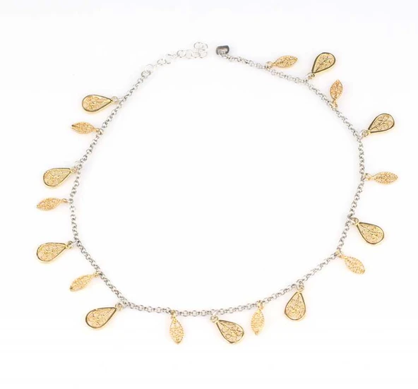 925 Ayar Gümüş 18 adet Damla ve Oval Telkari Halhal Bileklik - Resim 2