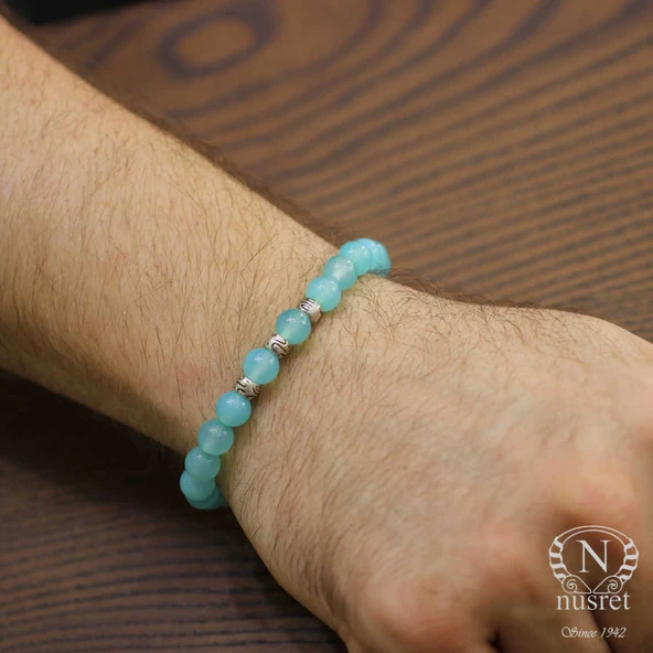 925 Ayar Gümüş Mavi Akik Doğal Taşlı Erkek Bilekliği ürün görseli 1