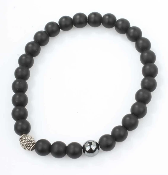 925 Ayar Gümüş Hematit ve Mat Oniks Taşlı Erkek Bilekliği - Resim 2