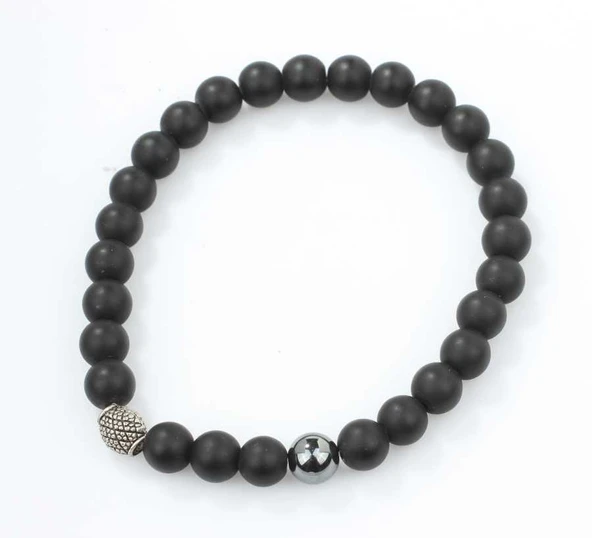 925 Ayar Gümüş Hematit ve Mat Oniks Taşlı Erkek Bilekliği - Resim 3