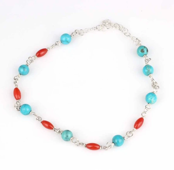 925 Ayar Gümüş Turkuaz ve Mercan Taşlı Halhal Bileklik ürün görseli 1