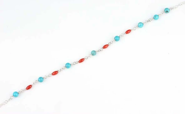 925 Ayar Gümüş Turkuaz ve Mercan Taşlı Halhal Bileklik - Resim 2