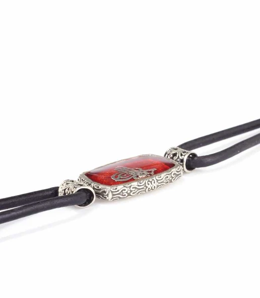 925 Ayar Gümüş Osmanlı Tuğrası Derili Erkek Bileklik - Resim 7