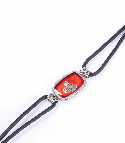 925 Ayar Gümüş Osmanlı Tuğrası Derili Erkek Bileklik - Resim 3