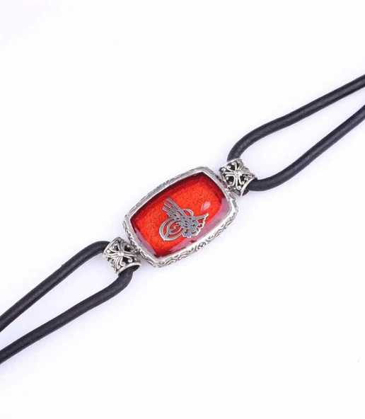 925 Ayar Gümüş Osmanlı Tuğrası Derili Erkek Bileklik - Resim 2