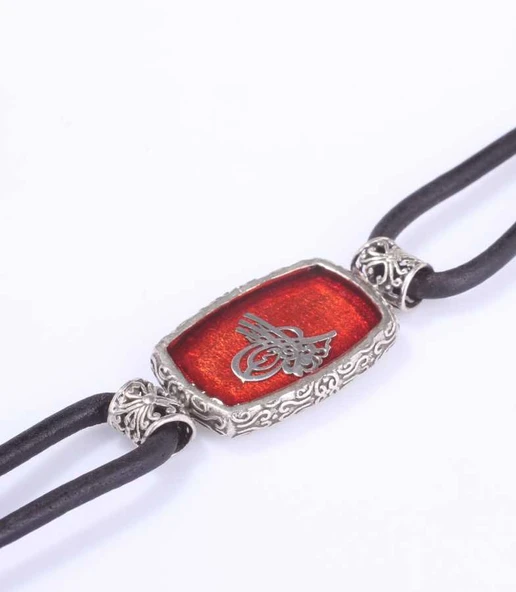 925 Ayar Gümüş Osmanlı Tuğrası Derili Erkek Bileklik - Resim 8