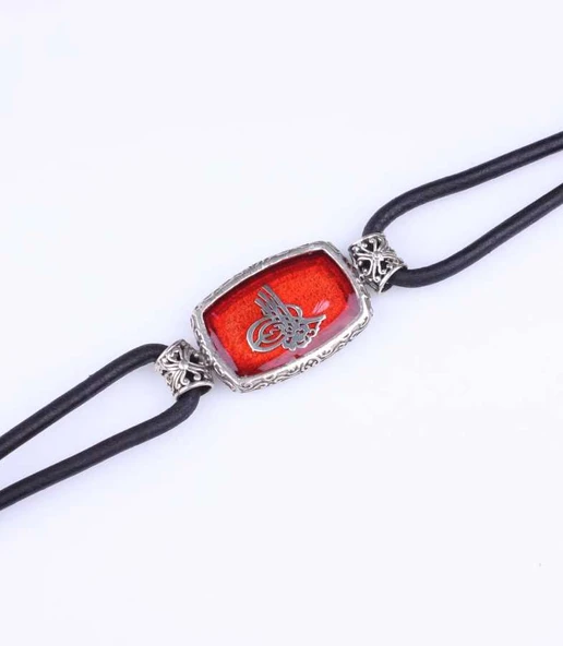 925 Ayar Gümüş Osmanlı Tuğrası Derili Erkek Bileklik - Resim 9