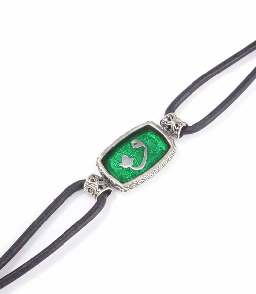 925 Ayar Gümüş Vav Harfli Derili Erkek Bileklik - Resim 7