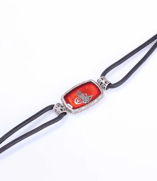 925 Ayar Gümüş Osmanlı Tuğrası Derili Erkek Bileklik - Resim 4