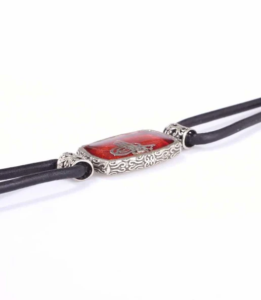 925 Ayar Gümüş Osmanlı Tuğrası Derili Erkek Bileklik - Resim 6