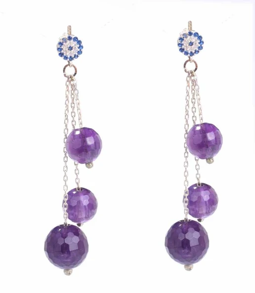 925 Ayar Gümüş Nazar Boncuklu Ametist Sallantılı Küpe ürün görseli 1