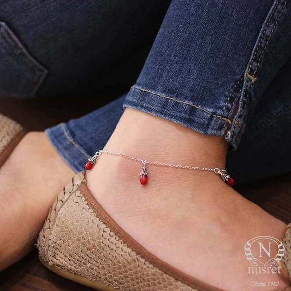 925 Ayar Gümüş Mercan Taş Halhal - Resim 12