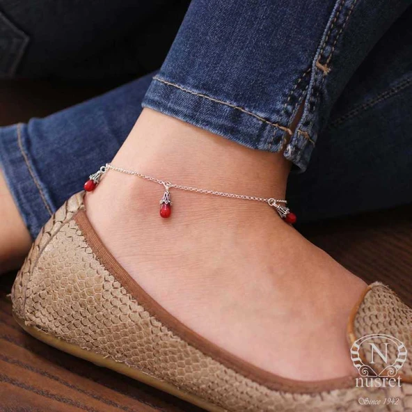 925 Ayar Gümüş Mercan Taş Halhal ürün görseli