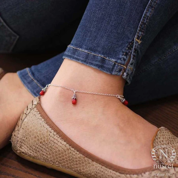 925 Ayar Gümüş Mercan Taş Halhal - Resim 11