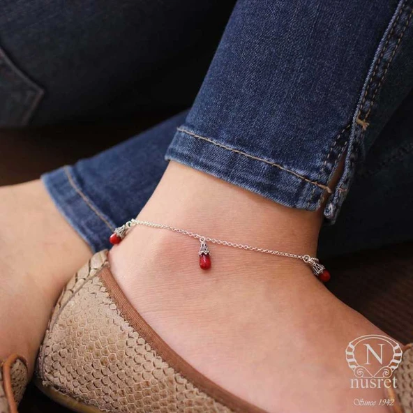 925 Ayar Gümüş Mercan Taş Halhal - Resim 8