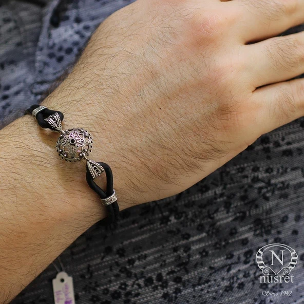 925 Ayar Gümüş Siyah Deri İpli Telkari Erkek Bilekliği ürün görseli 1