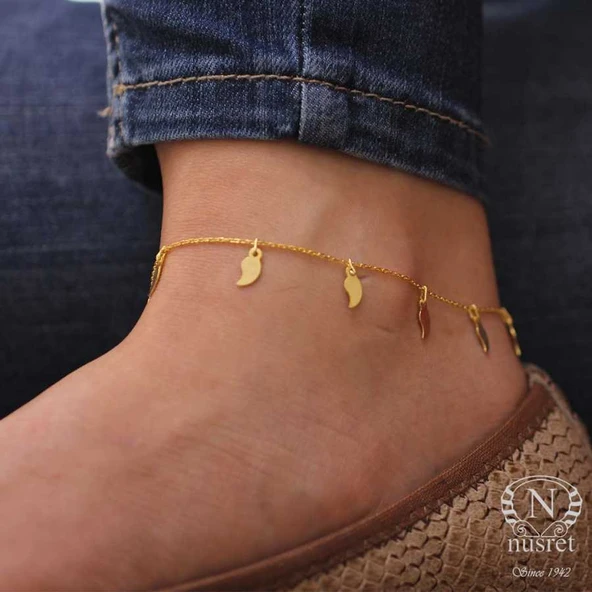 925 Ayar Gümüş Yaprak Modeli Halhal Bileklik, Sarı - Resim 7