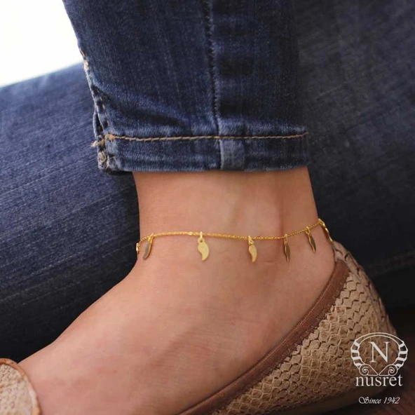 925 Ayar Gümüş Yaprak Modeli Halhal Bileklik, Sarı - Resim 9