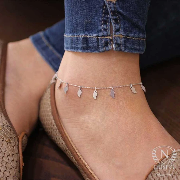 925 Ayar Gümüş Yaprak Modeli Halhal Bileklik, Beyaz - Resim 2