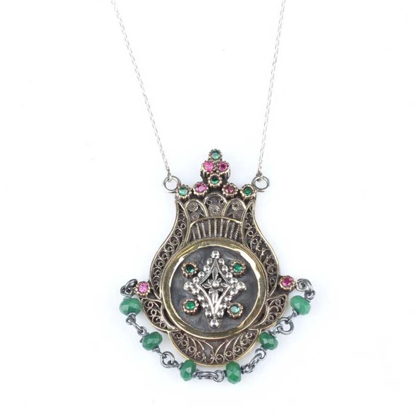 925 Ayar Gümüş ve Bronz Karışımı Zümrüt Taşlı Otantik Kolye - Resim 2