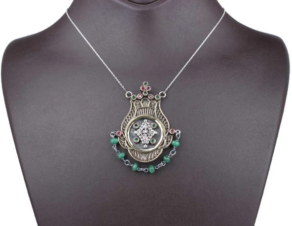 925 Ayar Gümüş ve Bronz Karışımı Zümrüt Taşlı Otantik Kolye - Resim 3