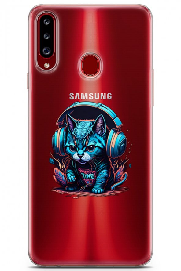 Samsung Galaxy A20s Kılıf Seri Others 03 Kulaklık Kedicik Şeffaf Arka Kapak