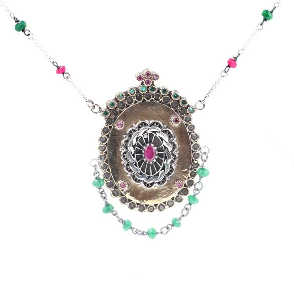 925 Ayar Gümüş ve Bronz Karışımı Yakut Taşlı Telkari Otantik Kolye - Resim 2