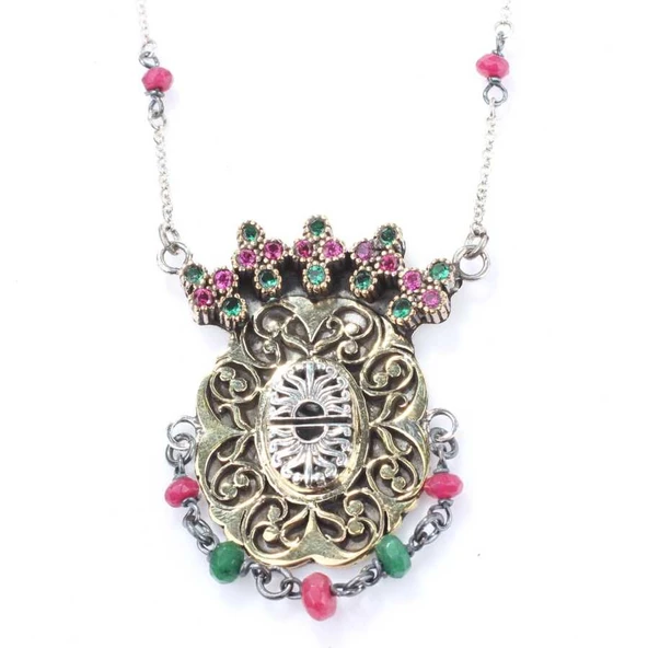 925 Ayar Gümüş ve Bronz Karışımı Yakut ve Zümrüt Taşlı Oval Otantik Kolye - Resim 2