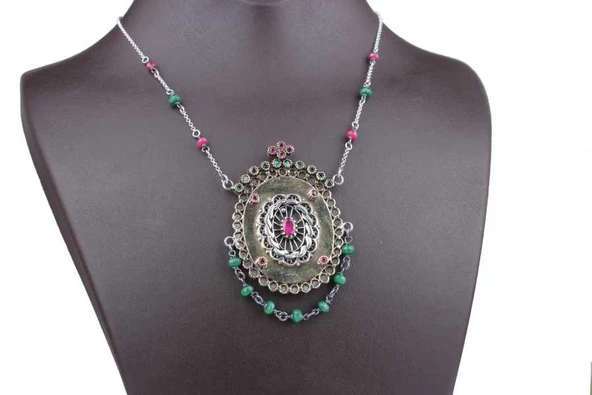 925 Ayar Gümüş ve Bronz Karışımı Yakut Taşlı Telkari Otantik Kolye - Resim 3