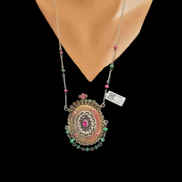 925 Ayar Gümüş ve Bronz Karışımı Yakut Taşlı Telkari Otantik Kolye ürün görseli