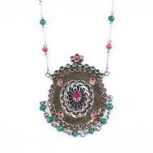 925 Ayar Gümüş ve Bronz Karışımı Yakut Taşlı Telkari Otantik Kolye - Resim 4