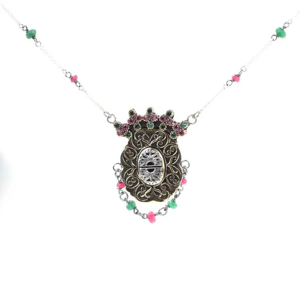 925 Ayar Gümüş ve Bronz Karışımı Yakut ve Zümrüt Taşlı Oval Otantik Kolye - Resim 3