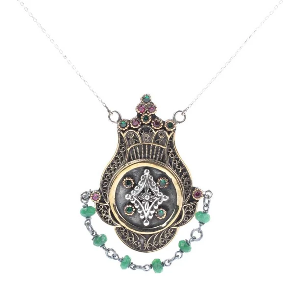 925 Ayar Gümüş ve Bronz Karışımı Zümrüt Taşlı Otantik Kolye - Resim 4