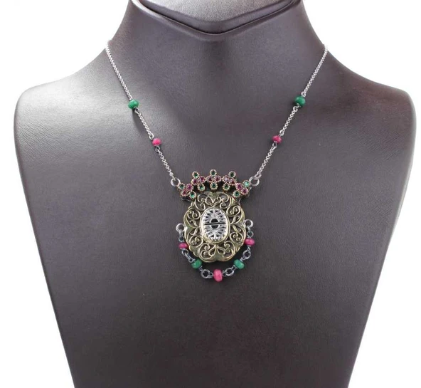 925 Ayar Gümüş ve Bronz Karışımı Yakut ve Zümrüt Taşlı Oval Otantik Kolye - Resim 6