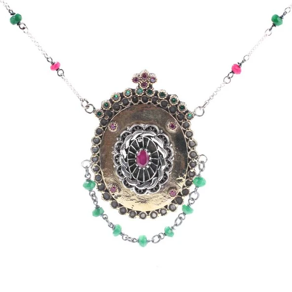 925 Ayar Gümüş ve Bronz Karışımı Yakut Taşlı Telkari Otantik Kolye - Resim 5