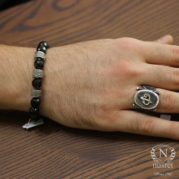 925 Ayar Gümüş Fasetli Oniks Doğal Taşlı Erkek Bilekliği - Resim 6