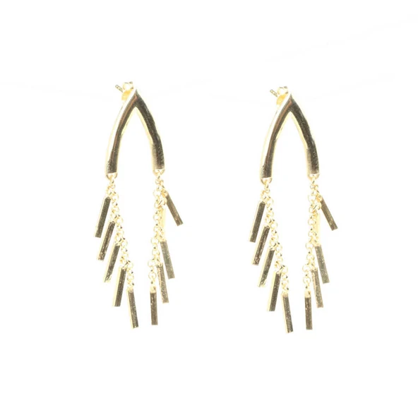 925 Ayar Gümüş V Şeklinde Çubuk Sallantılı Küpe, Sarı ürün görseli