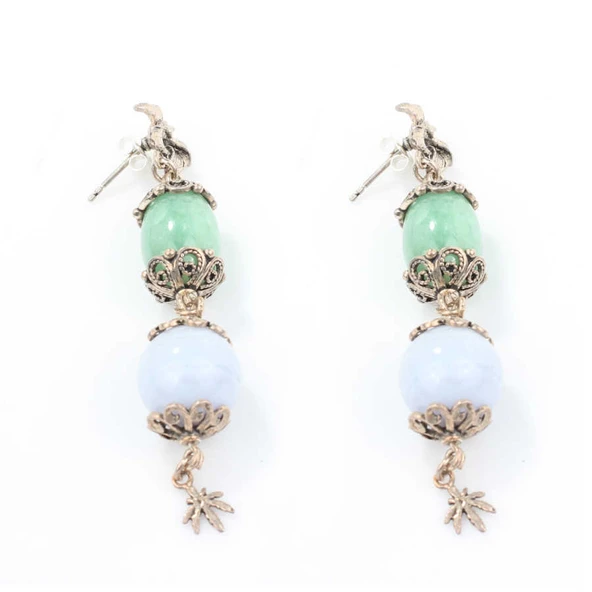 925 Ayar Gümüş Mavi ve Yeşil Taşlı Çiçek Motifli Telkari Küpe - Resim 3