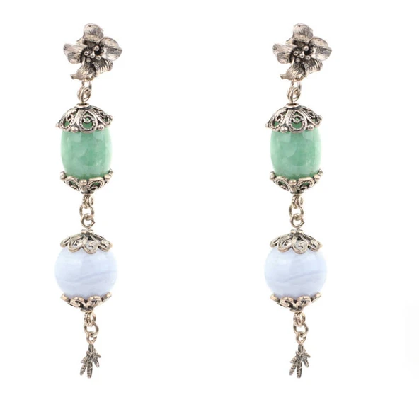 925 Ayar Gümüş Mavi ve Yeşil Taşlı Çiçek Motifli Telkari Küpe - Resim 2