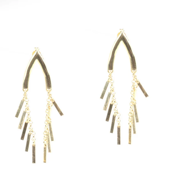 925 Ayar Gümüş V Şeklinde Çubuk Sallantılı Küpe, Sarı - Resim 3