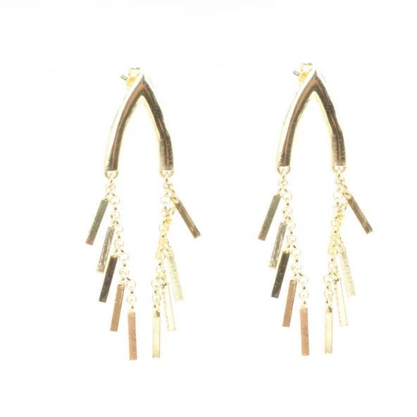 925 Ayar Gümüş V Şeklinde Çubuk Sallantılı Küpe, Sarı - Resim 2